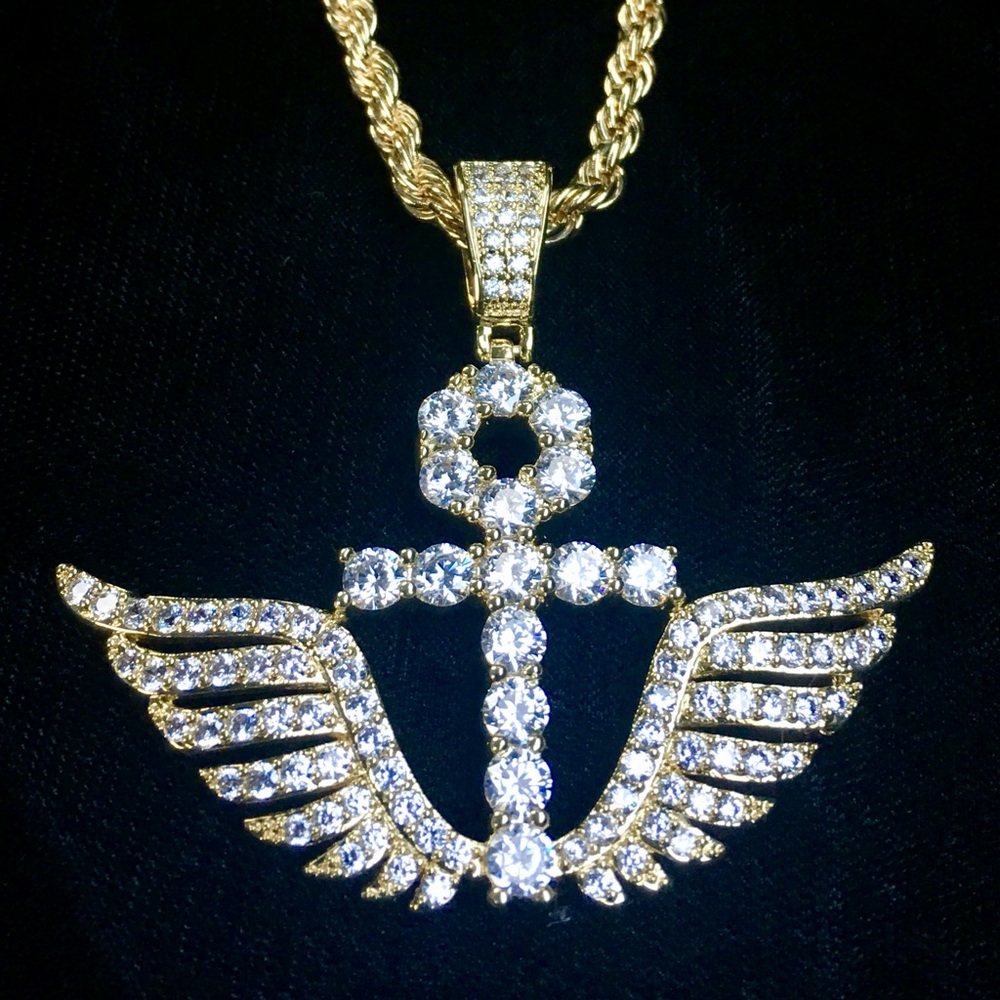 NEW ANKH WINGS FULL LAB DIAMONDS 18K GOLD CHAIN MADE IN ITALY *LIFETIME WARRANTY